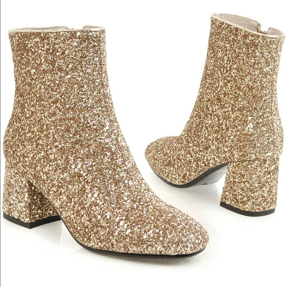 Glitter Low Block Heel Ankle Boots Sequins Round Toe Booties With Zipper